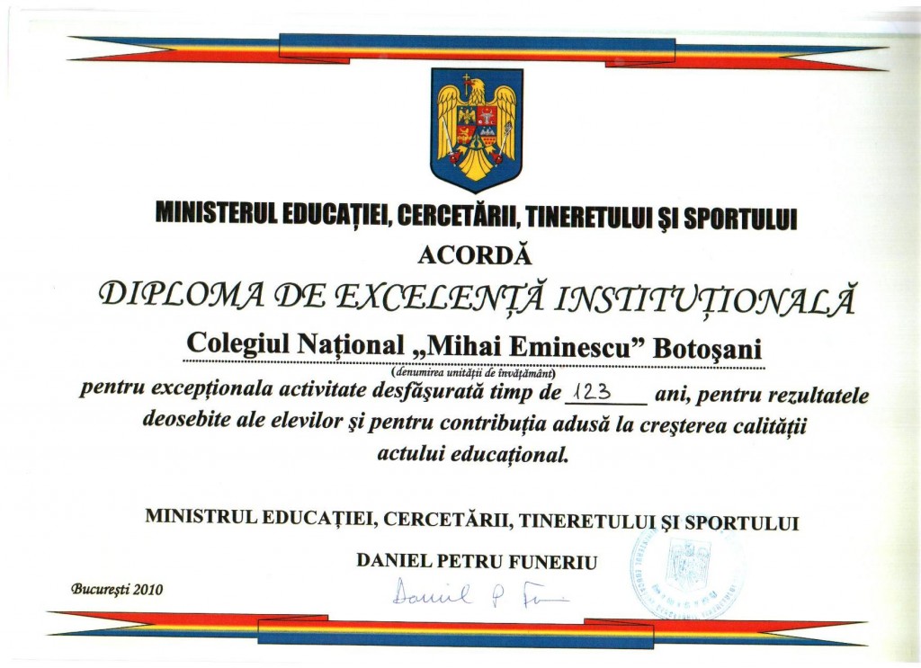 Diploma de excelenta institutionala | Colegiul Național "Mihai Eminescu"